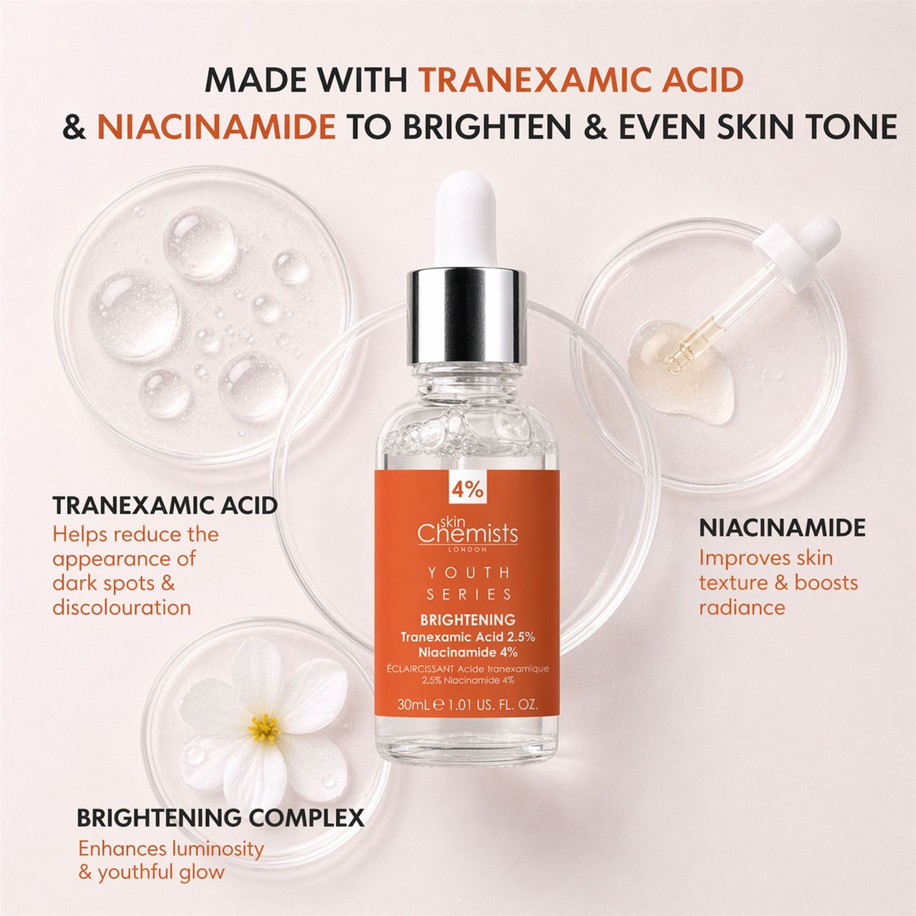 Tranexamic Acid 2.5%, Niacinamide 4% Brightening Facial Serum 30ml - skinChemists