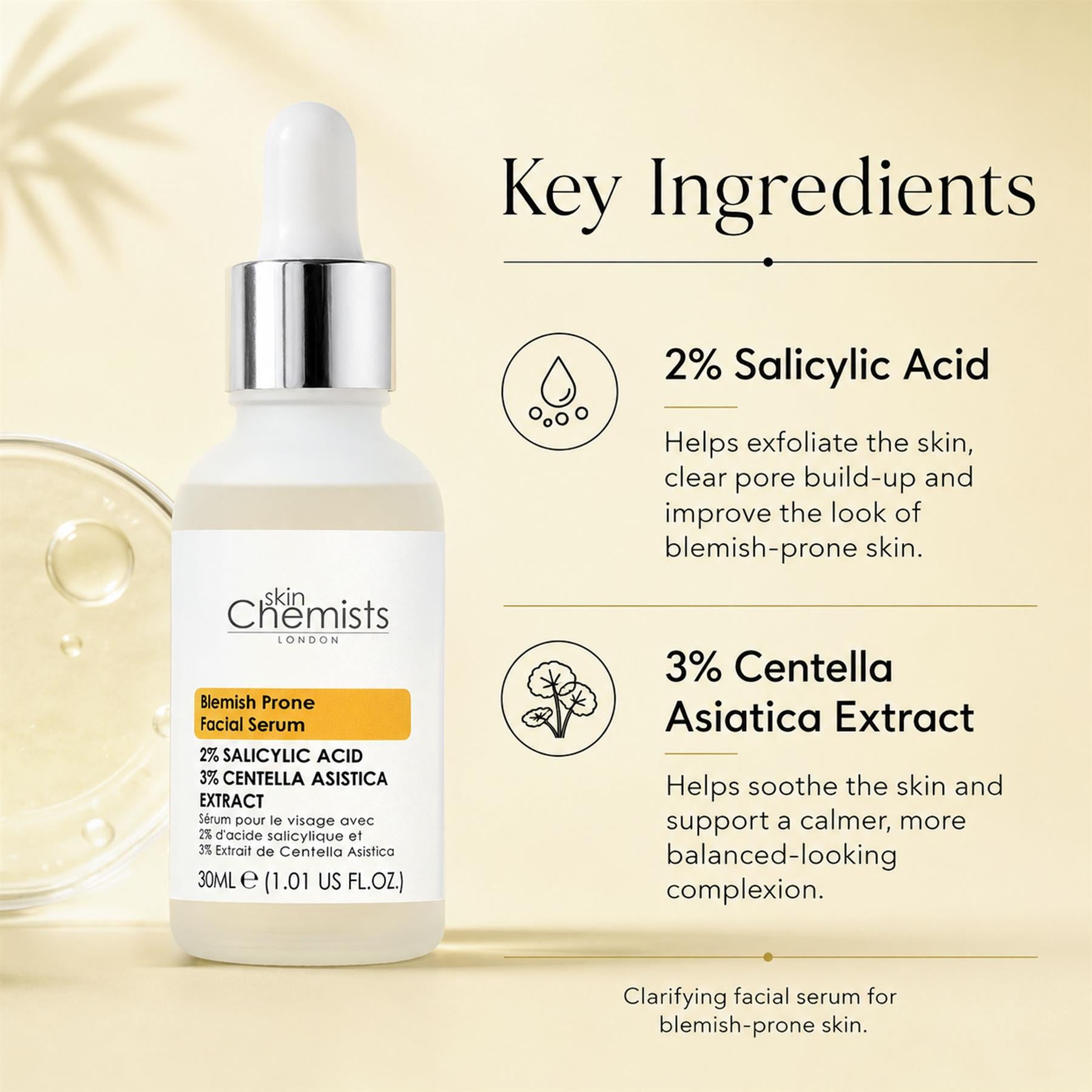 skinChemists Acne Prone Serum Salicylic Acid 2%, Centella Asistica 3% 30ml