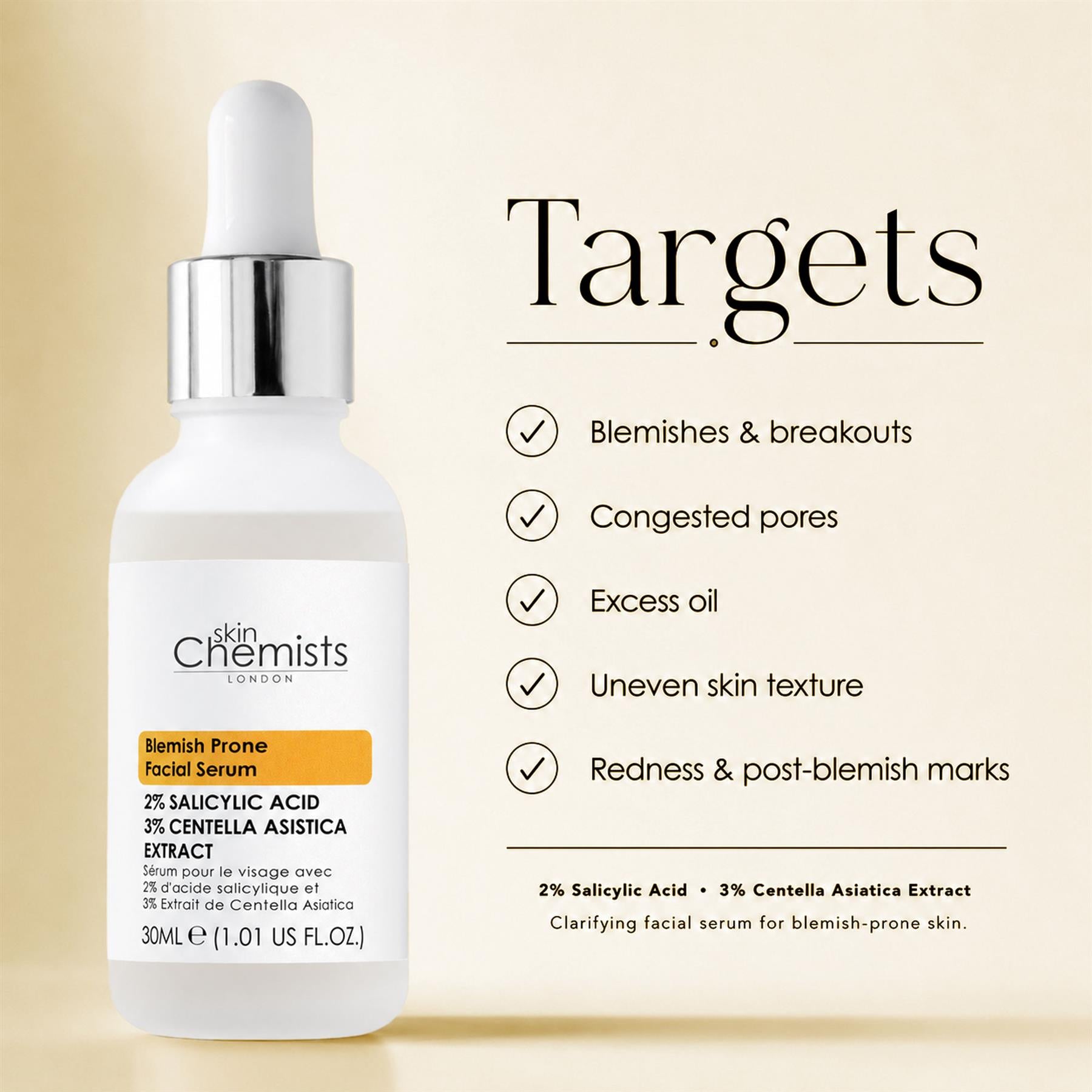 skinChemists Acne Prone Serum Salicylic Acid 2%, Centella Asistica 3% 30ml